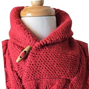 Burton London Fisherman Cable Knit Shawl Collar Sweater L Red Toggle Chunky Aran